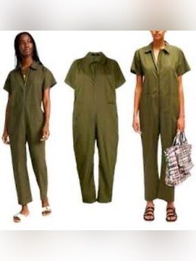 RACHEL COMEY Sz 4 Olive Green Short-Sleeve Utility Barrie Jumpsuit Boiler Suit